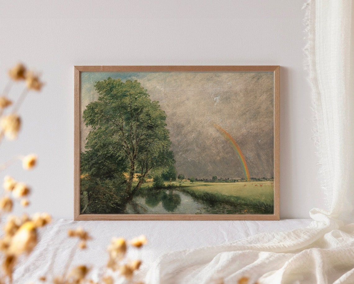 Rainbow Over Country River Vintage Landscape Tree Painting Poster - Image 2