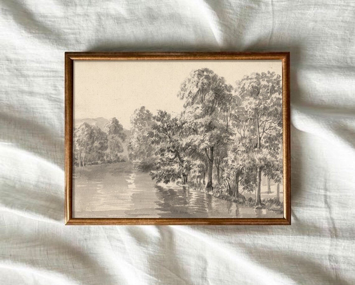 Sepia Trees By The Lake Vintage Pencil Sketch Nature Art Poster - Image 3