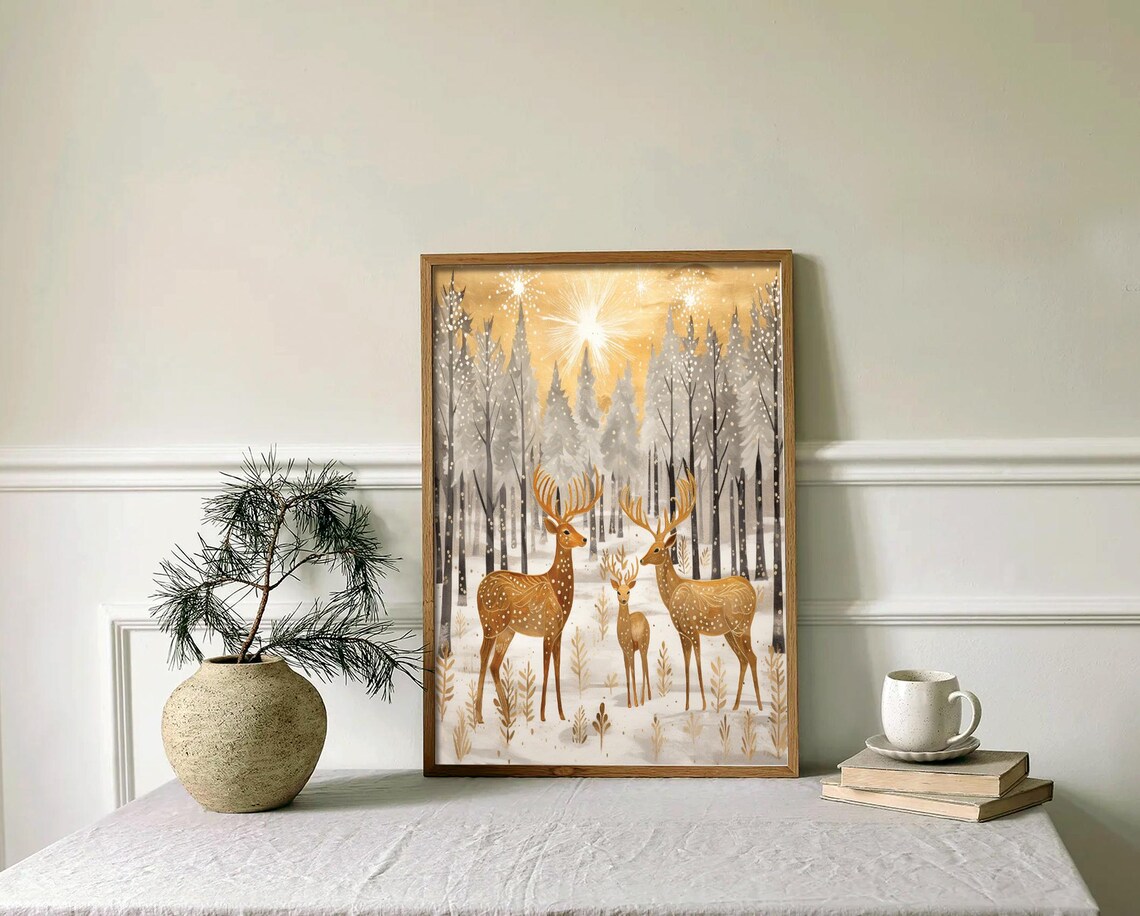 Golden Deer Trio in Starlit Snowy Winter Forest Watercolor Poster - Image 2