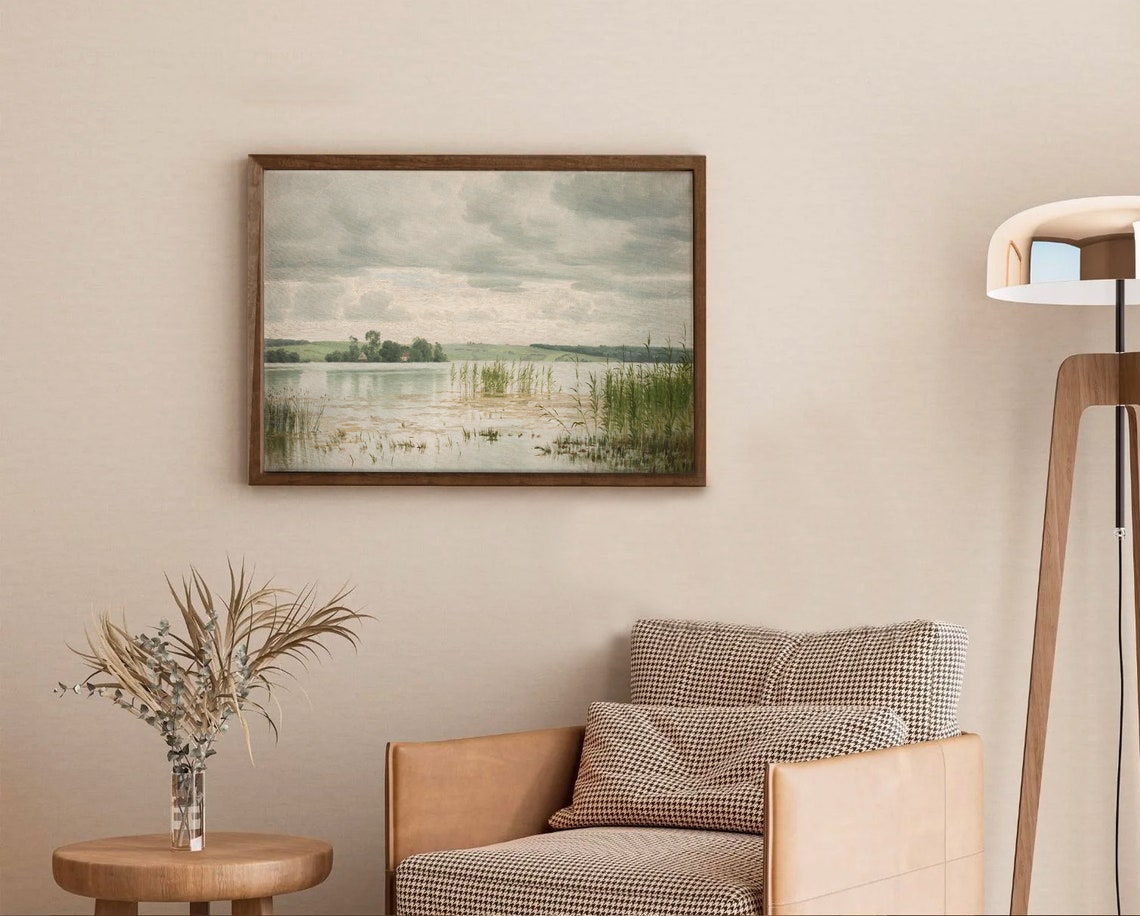 Vintage Marsh Lake Landscape With Reeds Under Cloudy Sky Art Poster - Image 3