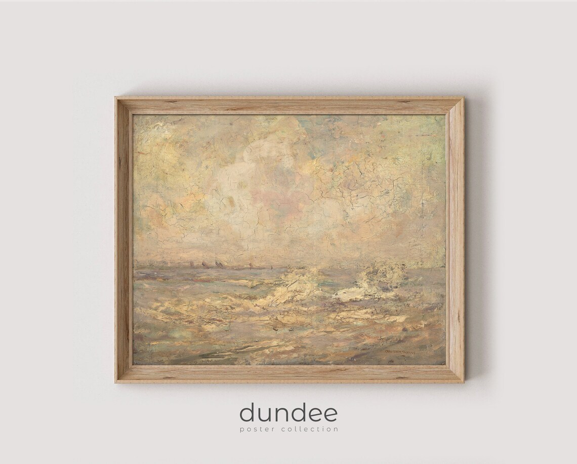 Hazy Pastel Seascape with Distant Sailboats Vintage Oil Poster
