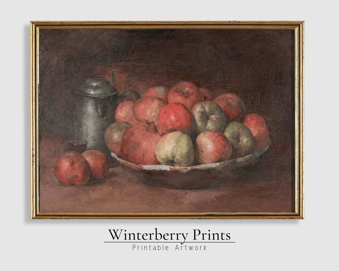 Dark Vintage Apple Still Life Bowl Pewter Jug Kitchen Wall Poster