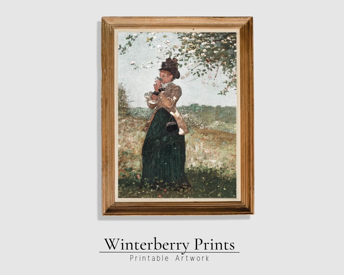 Vintage Woman Portrait Blossoming Branches Meadow Oil Painting Antique Poster - Image 5