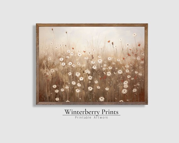White Daisies Wildflower Field Golden Hues Vintage Botanical Wall Art Print