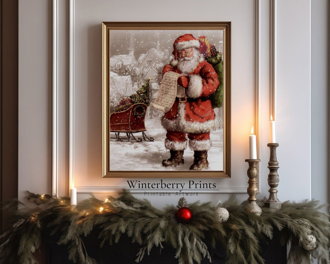 Vintage Santa Checking His List Christmas Print