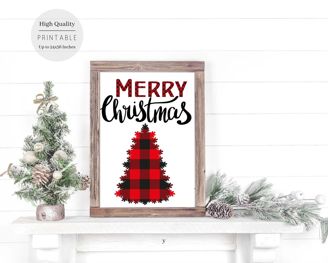 Merry Christmas Red Black Buffalo Plaid Feathery Tree Greeting Poster - Image 4