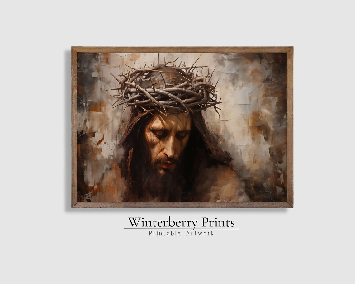 Jesus Christ Crown of Thorns Portrait Warm Toned Religious Painting Wall Art