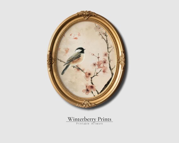 Chickadee Perched on Blossoming Branch Vintage Floral Bird Art Oval Wall Print