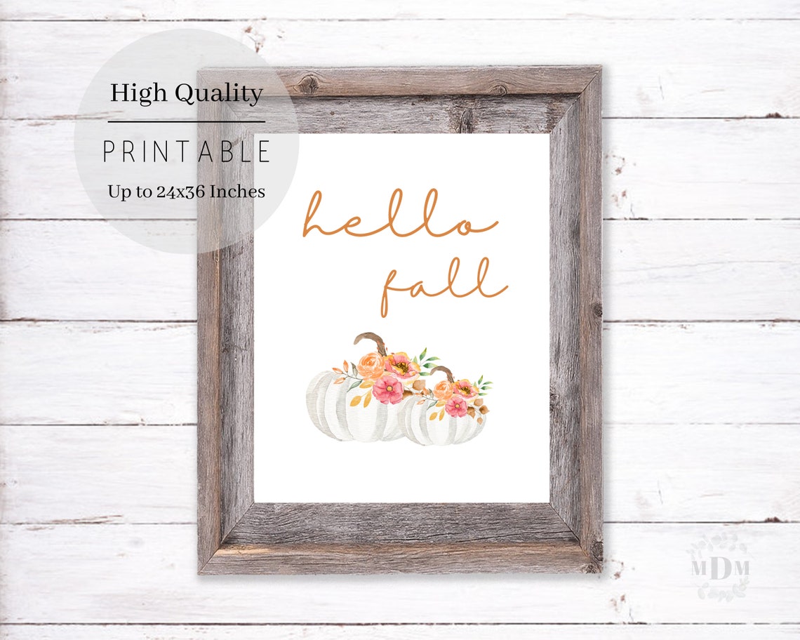 Hello Fall Orange Script White Floral Pumpkin Watercolor Poster - Image 4