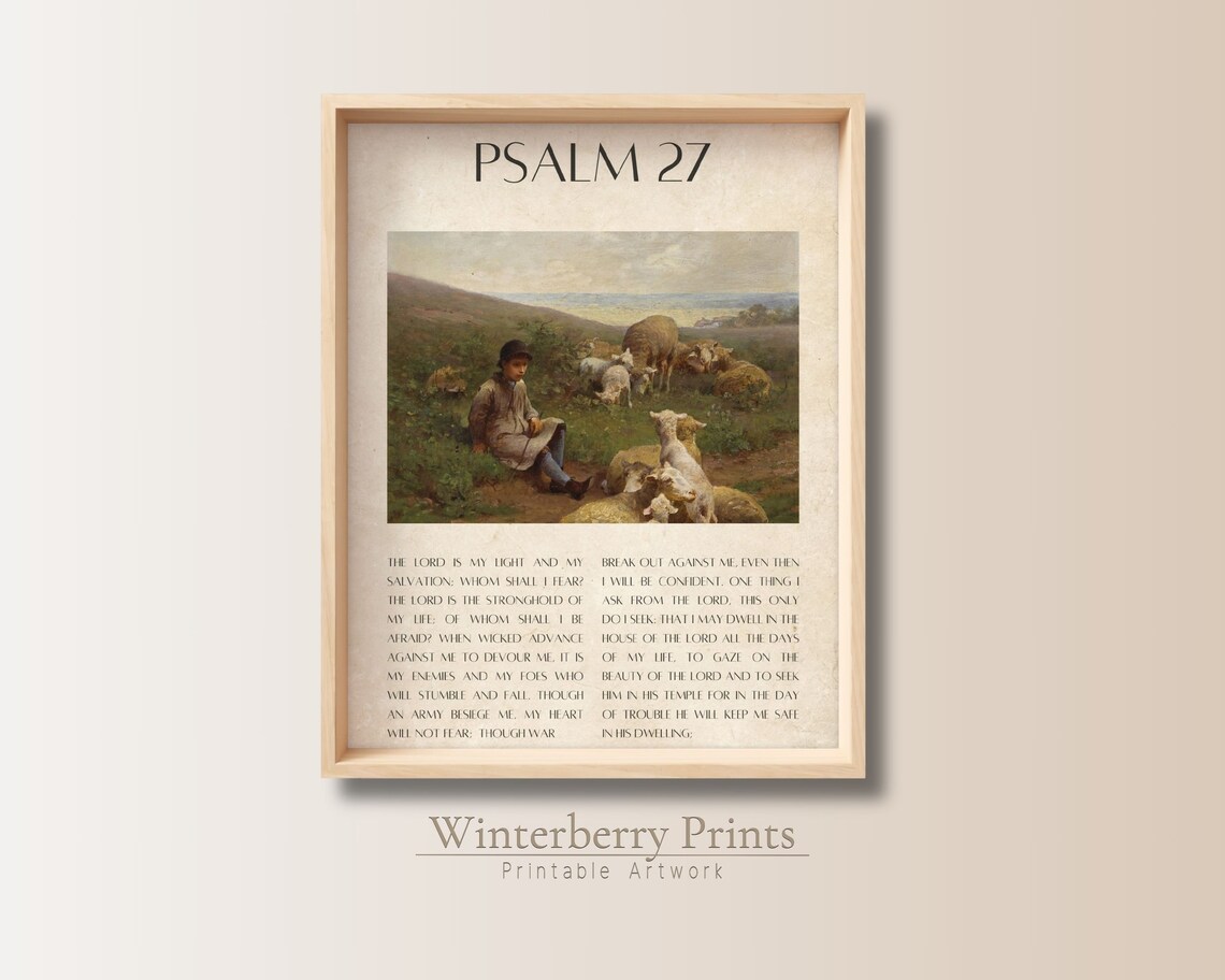 Psalm 27 Bible Verse Shepherd Boy Sheep Pastoral Painting Christian Art Print