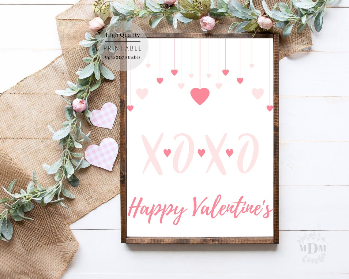 Happy Valentines XOXO Pink Script Hanging Hearts Sweet Greeting Poster - Image 4