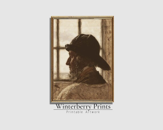 Antique Old Fisherman Profile Portrait by Window Vintage Nautical Art Print