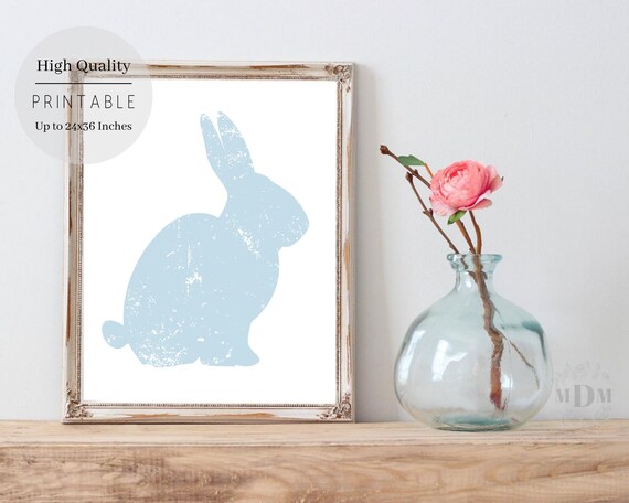 Light Blue Bunny Silhouette Distressed White Framed Easter Art Poster