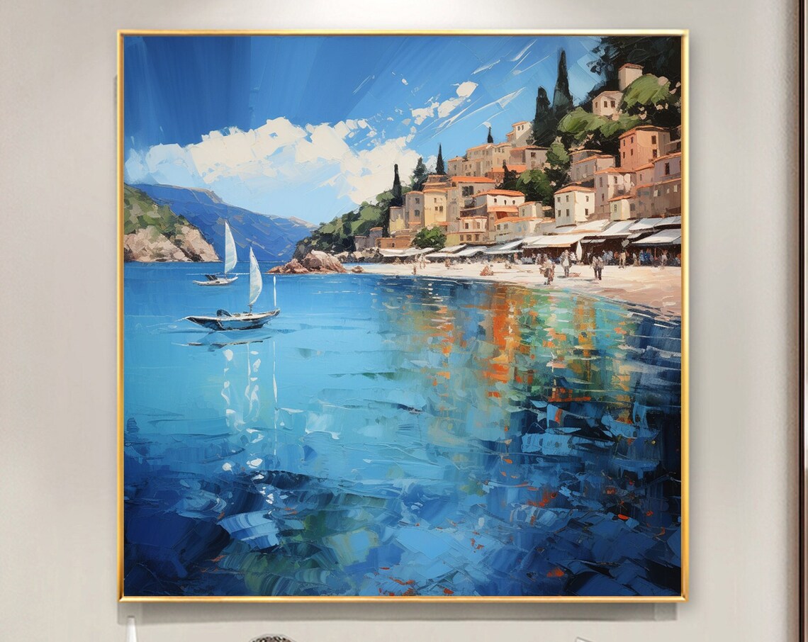 Mediterranean Coastal Cityscape with Sailboats Seaside Oil Poster