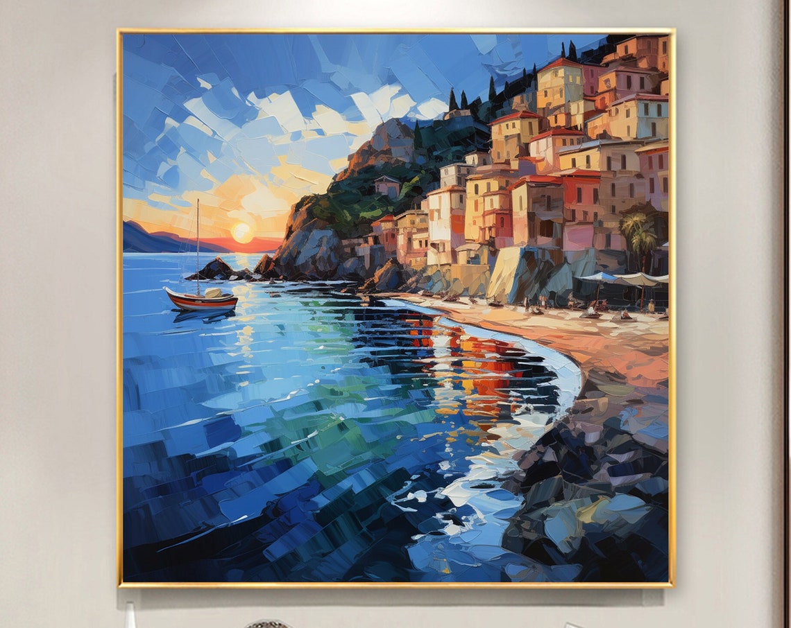 Mediterranean Sunset Cliffside Village Boat Reflections Poster