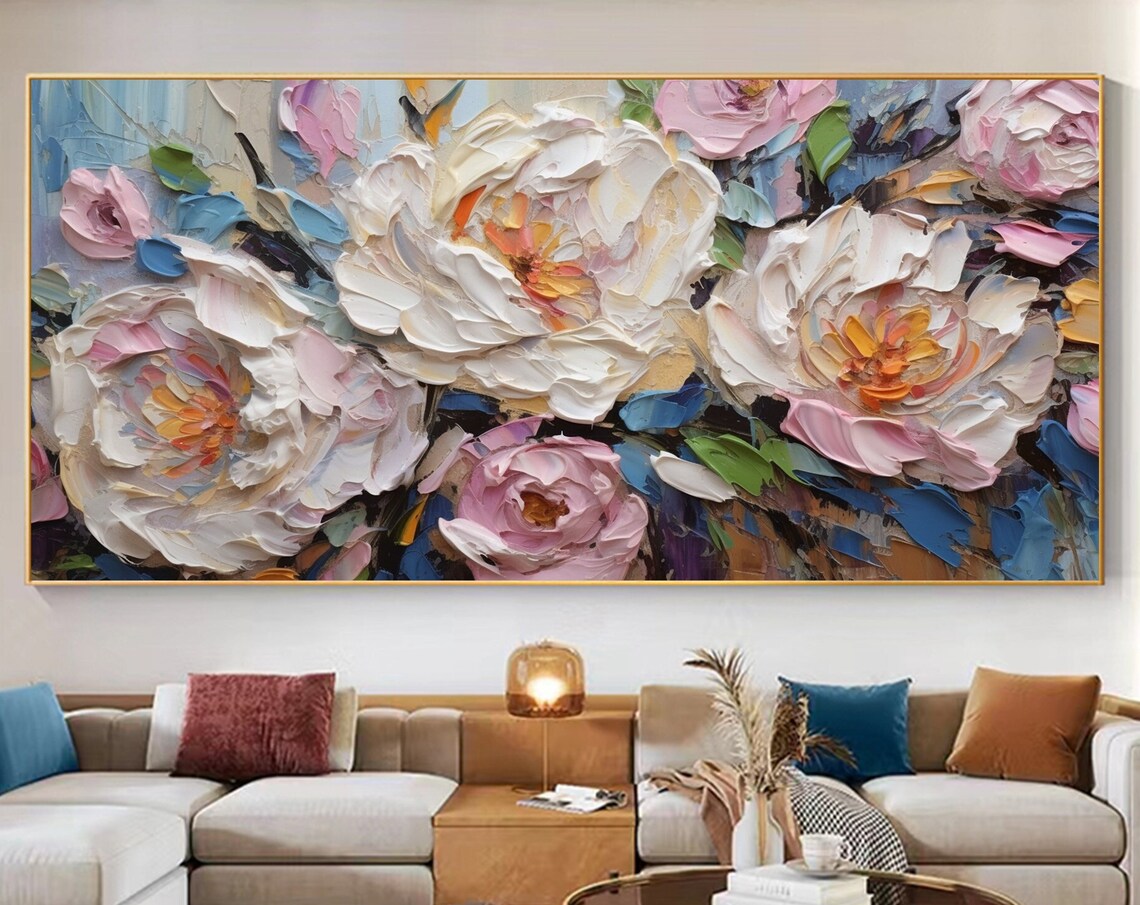 White Pink Impasto Peony Blooms Palette Knife Textured Floral Poster