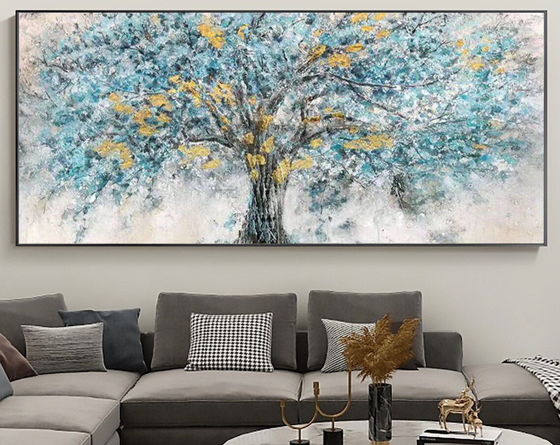 Gold Foil Blooming Banyan Tree Hand Painted Original Teal Tree Abstract Textured Landscape Modern Bedroom Large Wall Art Home Decor - Image 5
