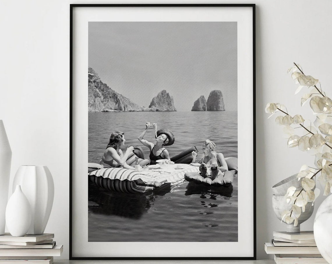 Women Eating Pasta on Lake Float Vintage Black White Photo Poster