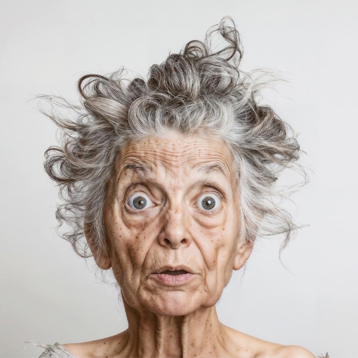Surprised Elderly Woman Wild Grey Hair Funny Portrait Poster