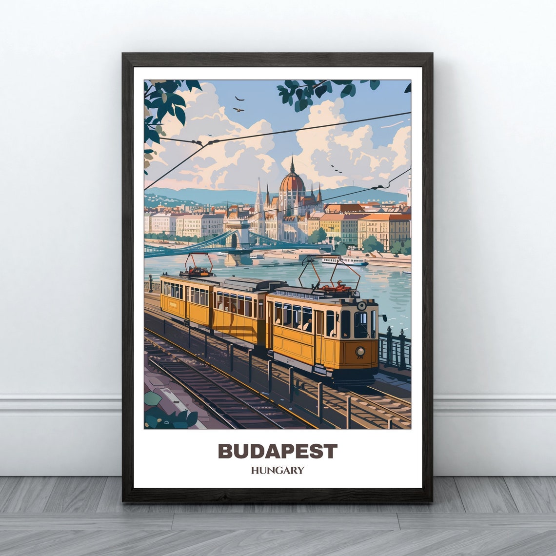 Budapest Hungary Vintage Yellow Tram Danube Riverside Ride Poster