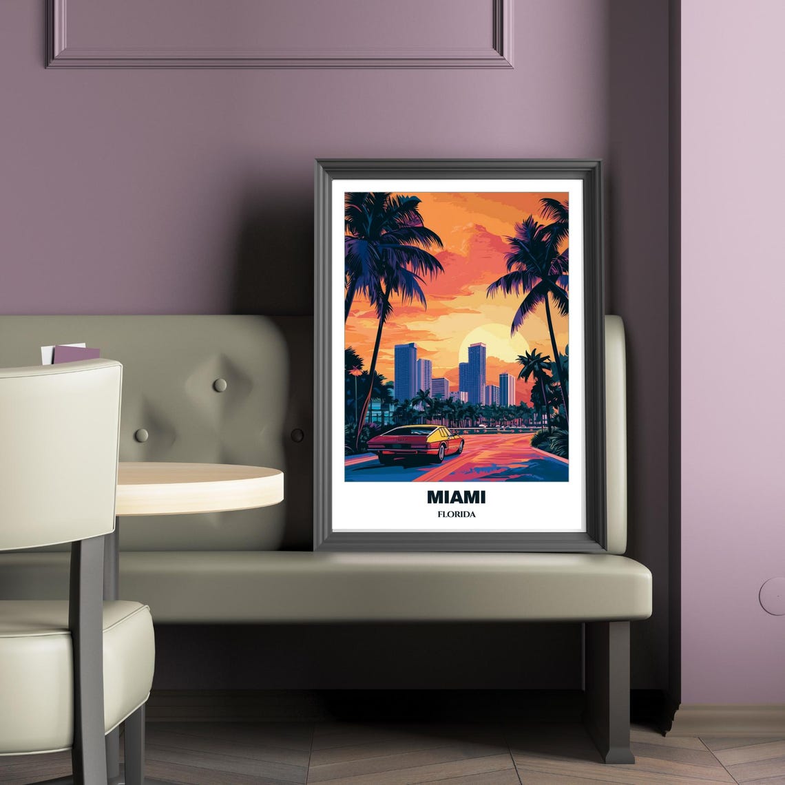 Miami Retro Sunset Classic Car Palm Trees Downtown Skyline Poster - Image 2