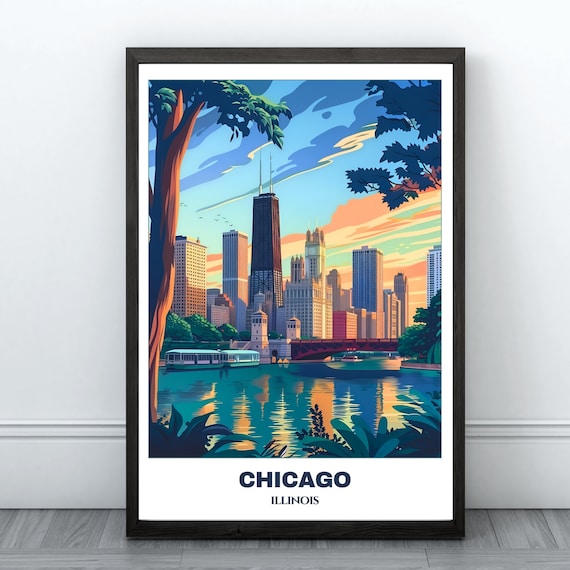Chicago Illinois Lakefront Skyline Trees Quiet Sunset Calm Poster