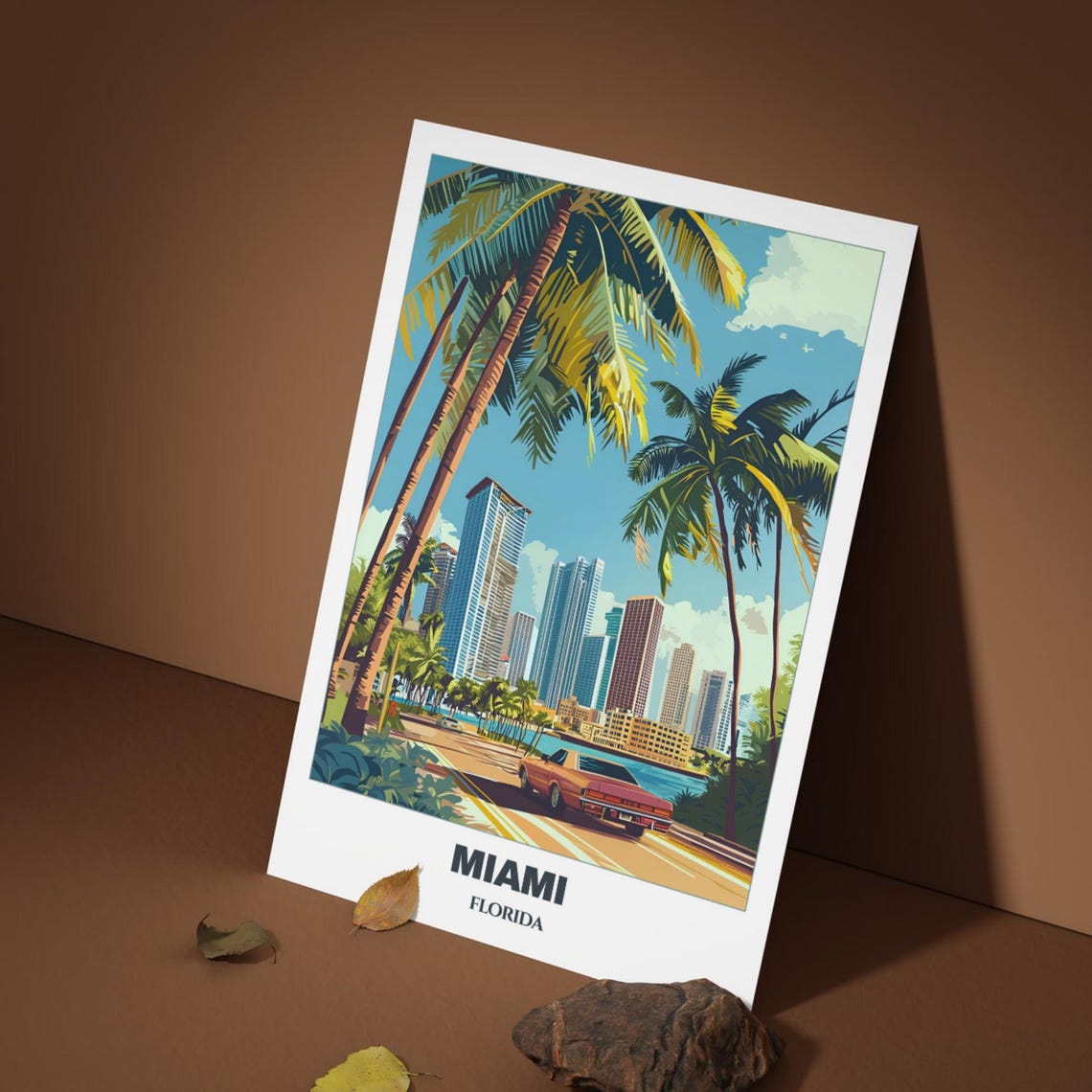 Miami Biscayne Bay Drive Classic Car Palm Trees Skyline Poster - Image 3