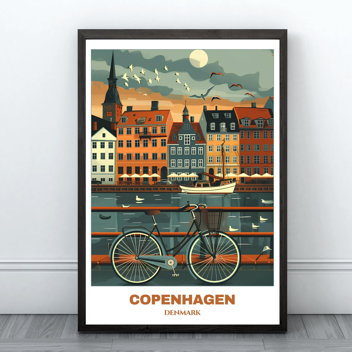 Copenhagen Nyhavn Waterfront Colorful Houses Bicycle Scene Poster