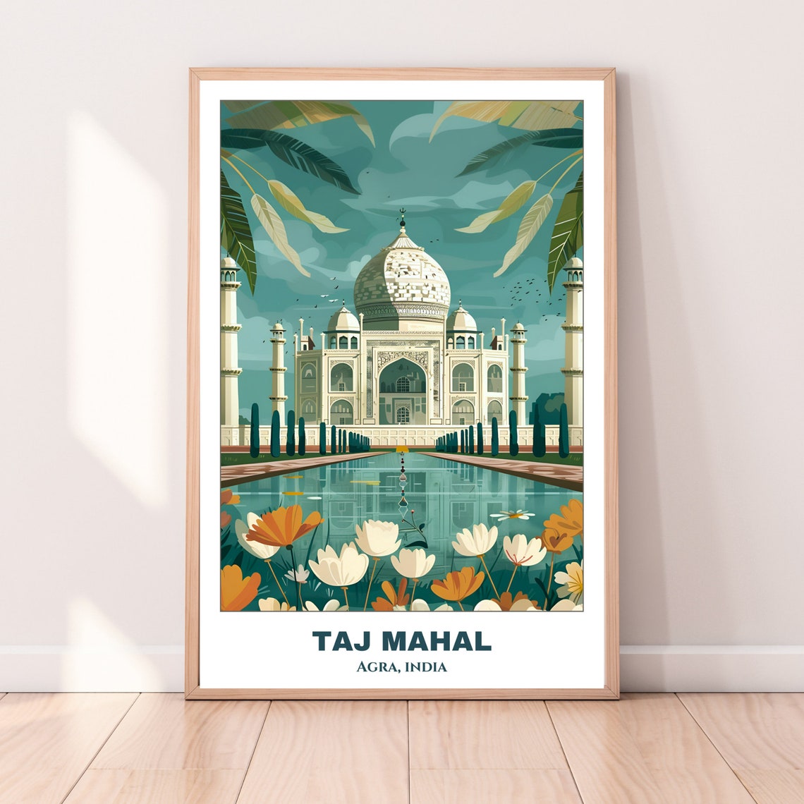 Taj Mahal Agra India Floral Garden Reflection Vintage Poster - Image 3