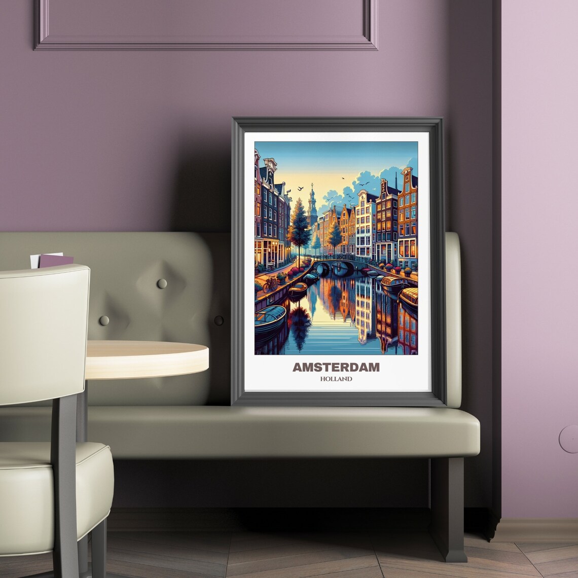 Amsterdam Canal Sunset Gabled Houses Boats Holland Travel Poster - Image 2