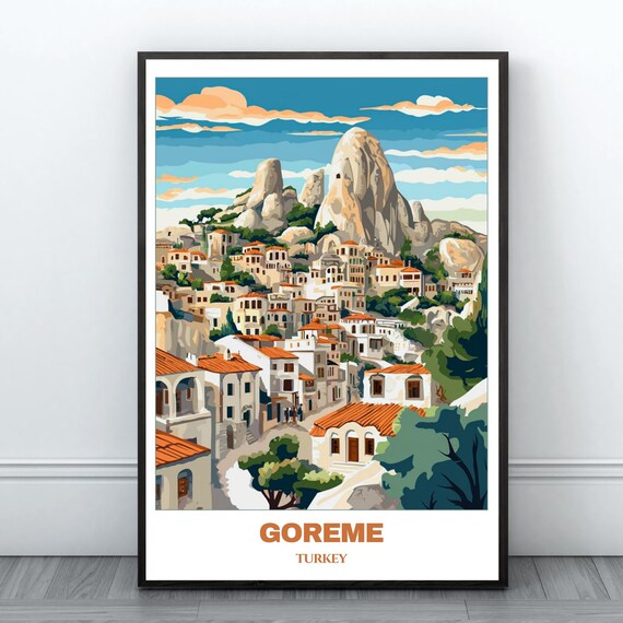 Goreme Turkey Fairy Chimneys Old Town Hillside Vintage Travel Poster