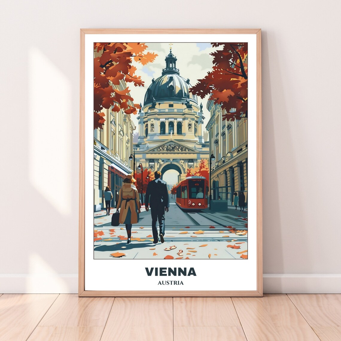 Vienna Austria Autumn Stroll Couple Red Tram Church Dome Poster - Image 4