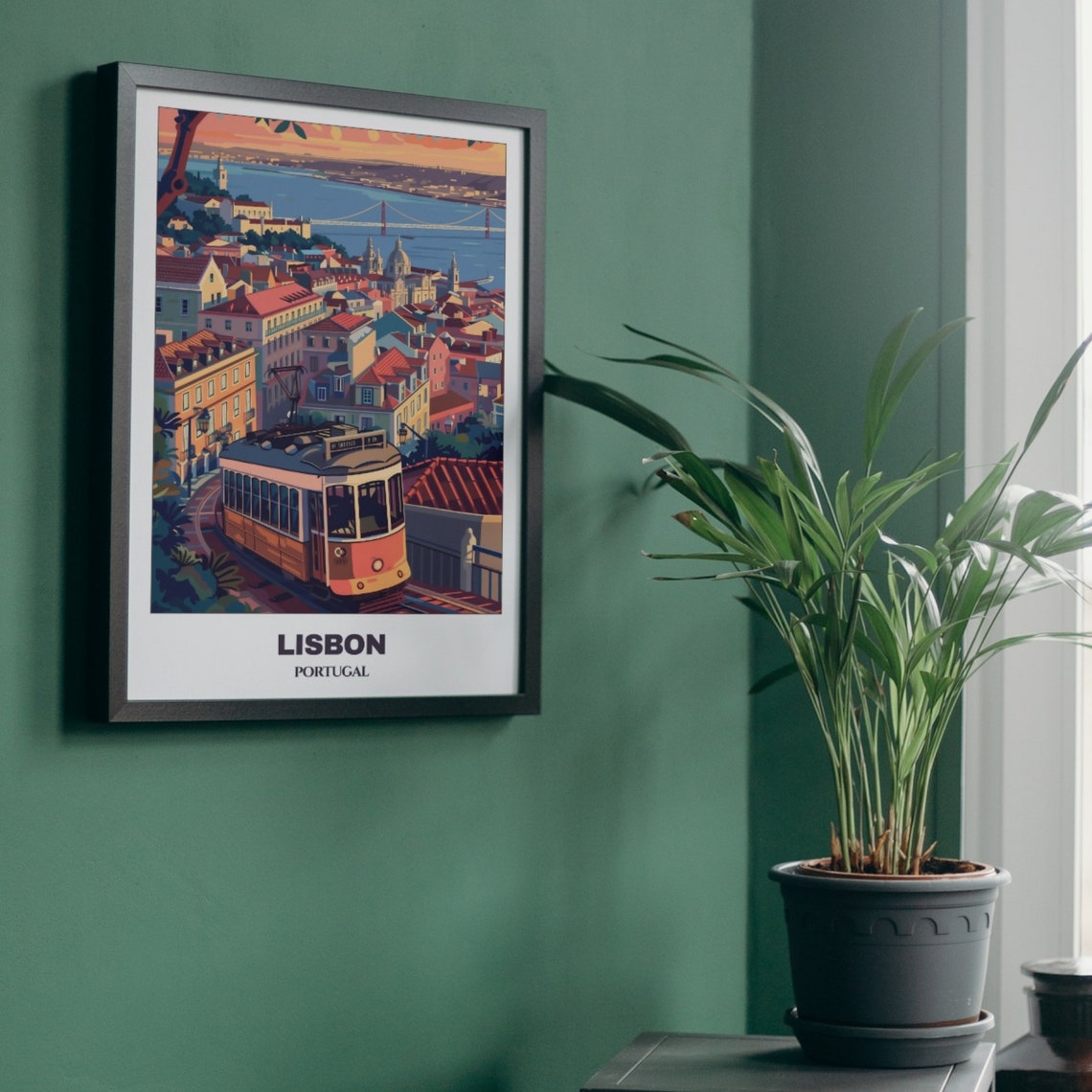Lisbon Portugal Yellow Tram Over Rooftops River Bridge View Poster - Image 5