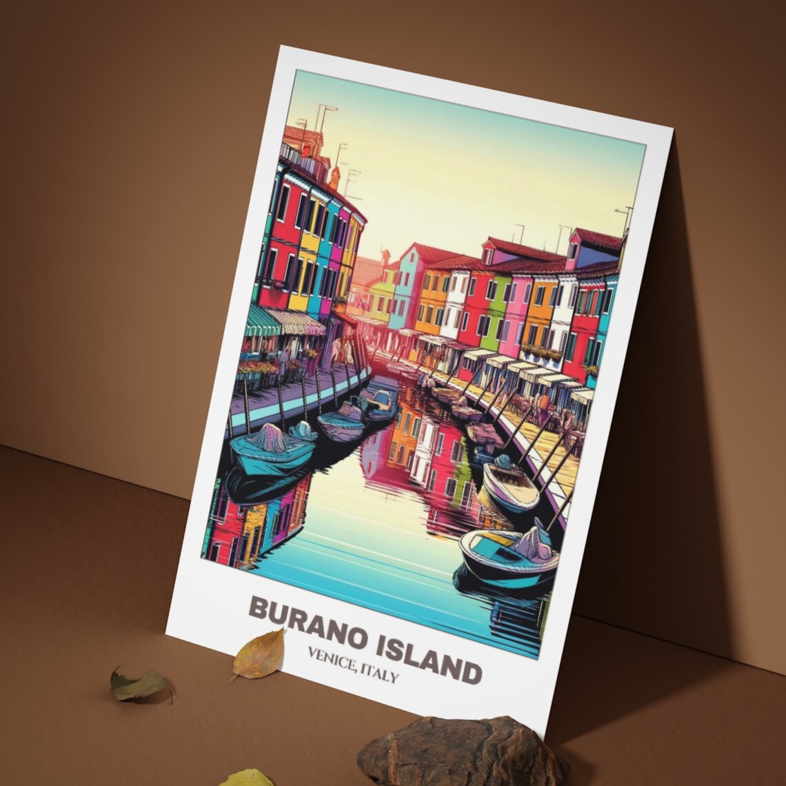 Burano Island Venice Italy Colorful Canal Houses Boats Sunset Poster - Image 3