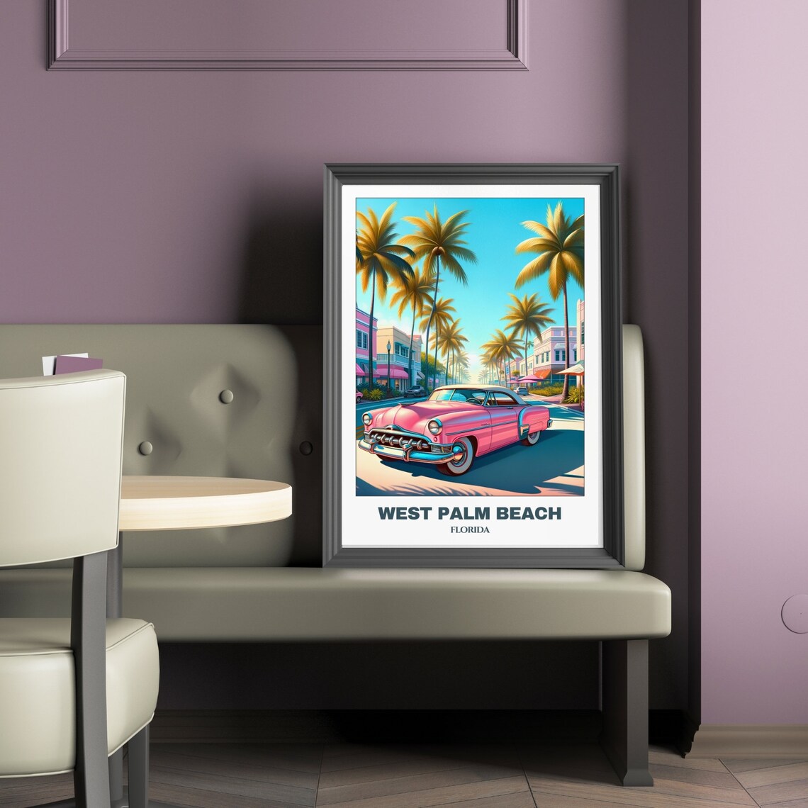 West Palm Beach Florida Pink Classic Car Palms Retro Travel Poster - Image 2