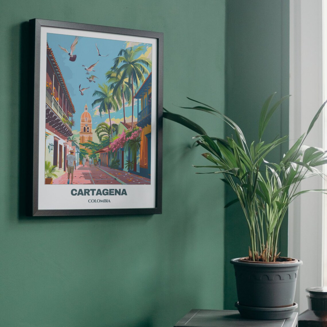 Cartagena Colombia Palm Street Church Tower Seagulls Travel Poster - Image 5