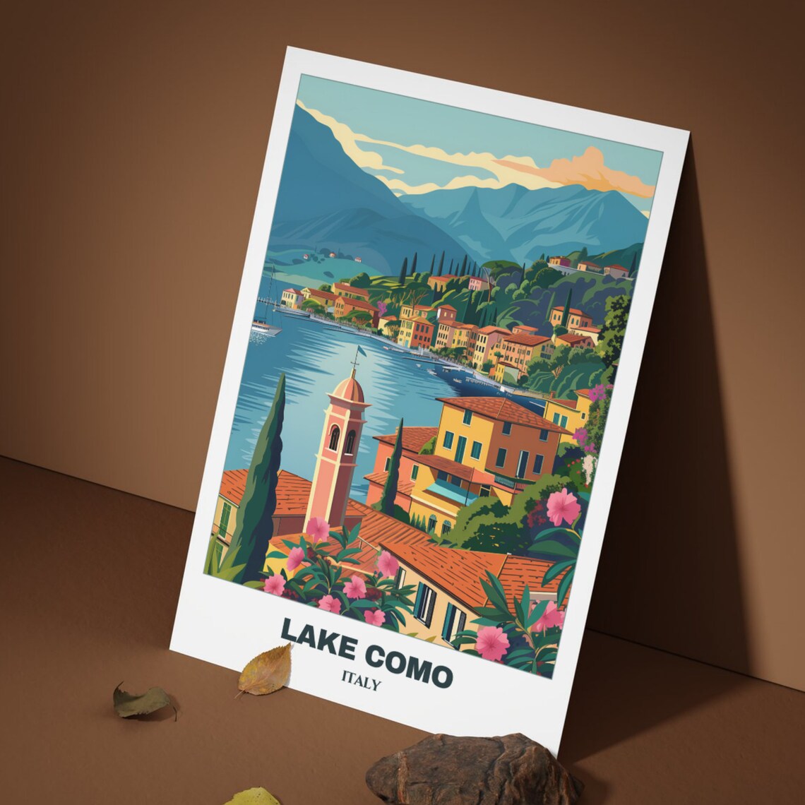 Lovely Lake Como Italy Pink Bell Tower Hillside Town Travel Poster - Image 3