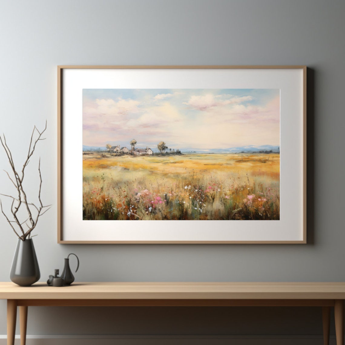 Golden Wildflower Field at Sunrise with Distant Farmhouse Poster