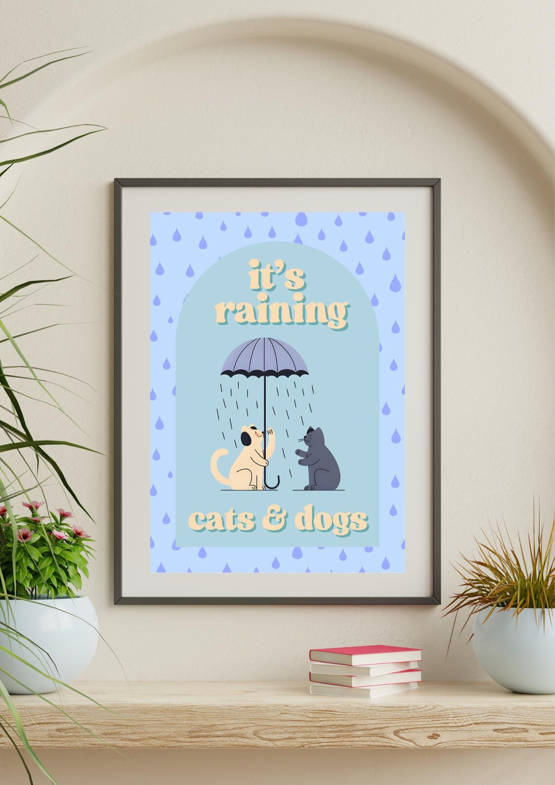 Its Raining Cats and Dogs Cute Blue Rain Pets Kids Room Art Poster