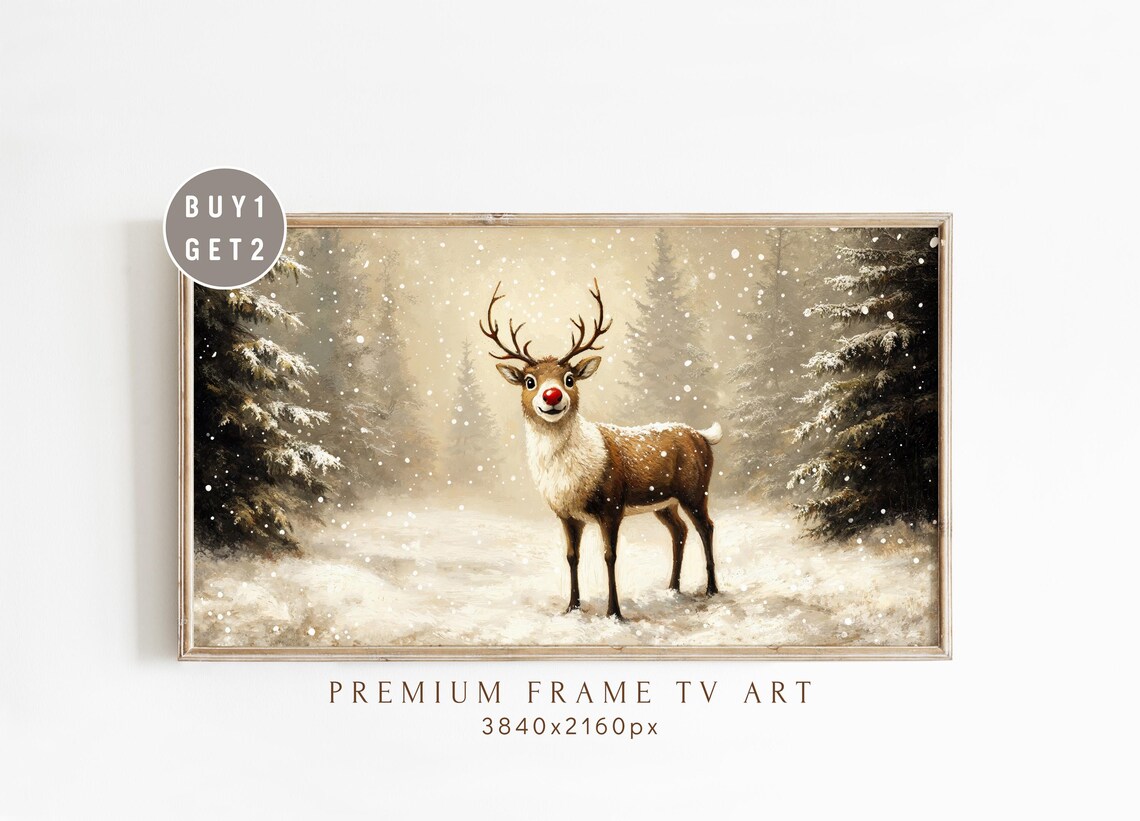 Red Nosed Reindeer in Snowy Forest Vintage Christmas Frame TV Poster