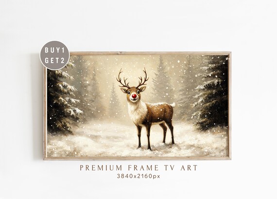 Red Nosed Reindeer in Snowy Forest Vintage Christmas Frame TV Poster