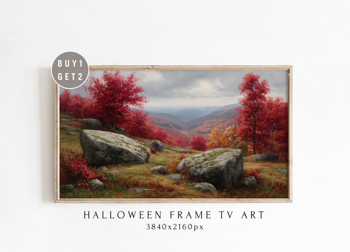 Red Autumn Forest Valley with Mossy Boulders Landscape Poster