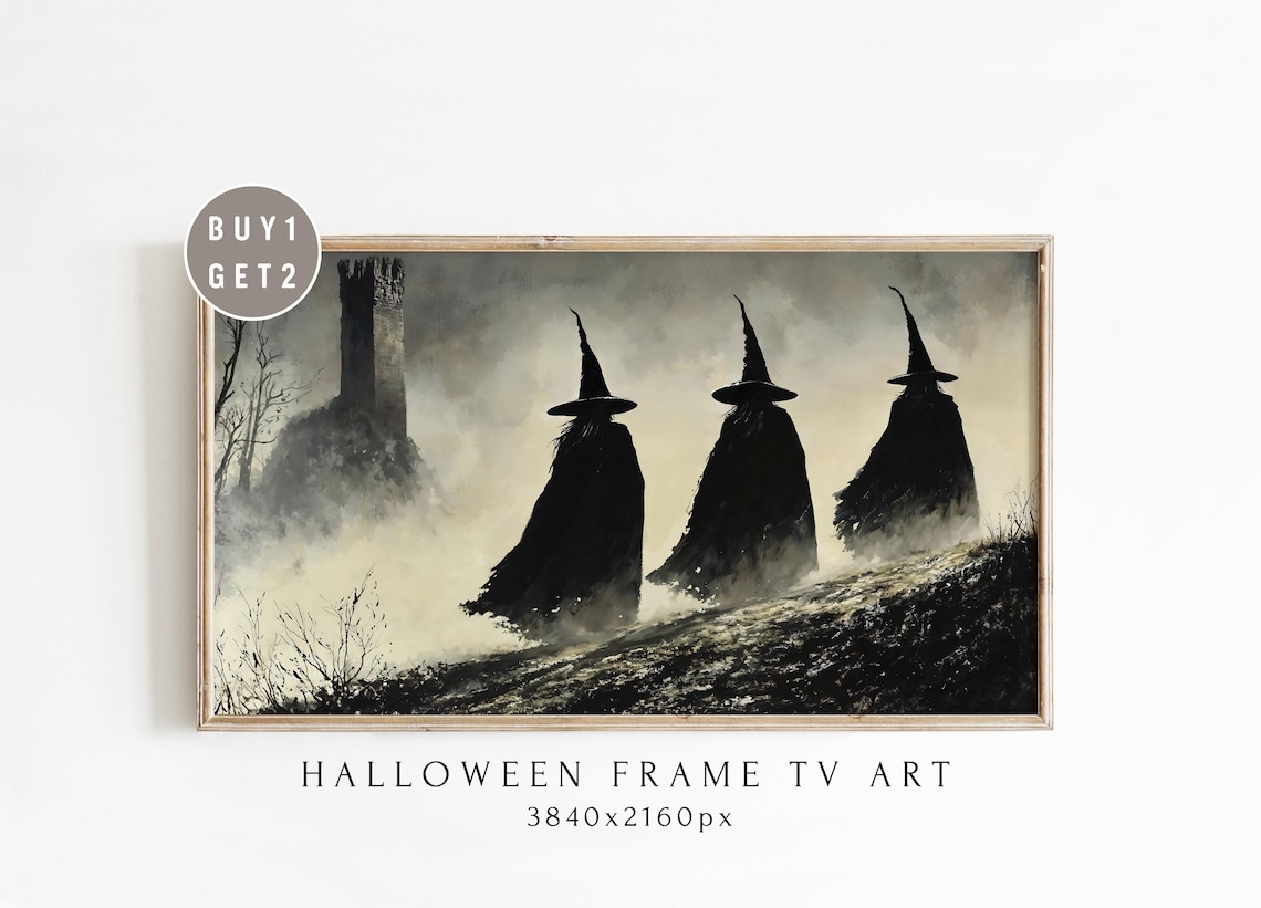 Three Witches Foggy Castle Tower Dark Halloween Frame TV Art Poster