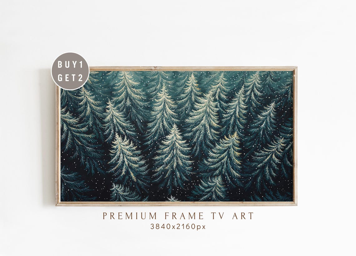 Snowy Pine Forest at Night Moody Winter Scene Frame TV Art Poster