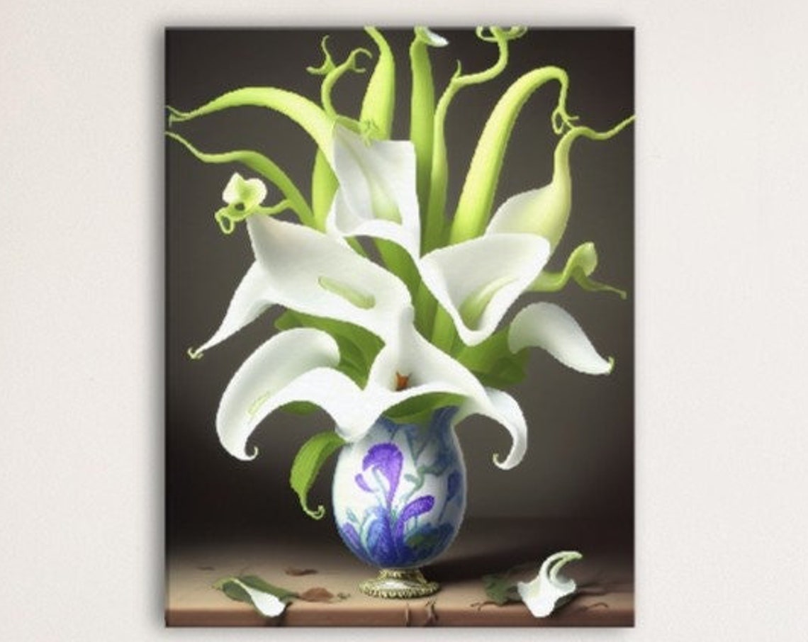 White Calla Lilies Blue Porcelain Vase Classic Floral Art Poster