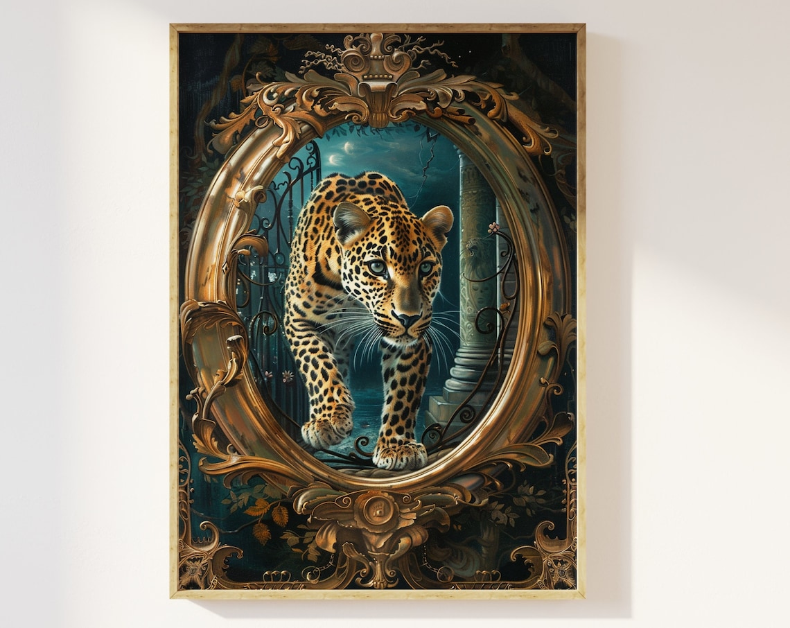 Leopard Through Gold Frame Art Print, Maximalist