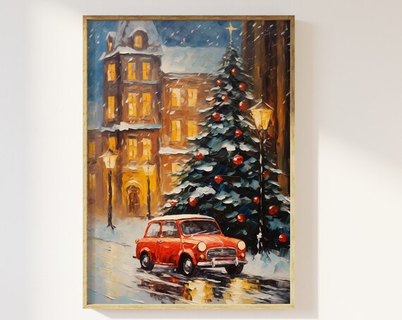 Snowy Christmas City Street Red Car and Decorated Tree Art Print