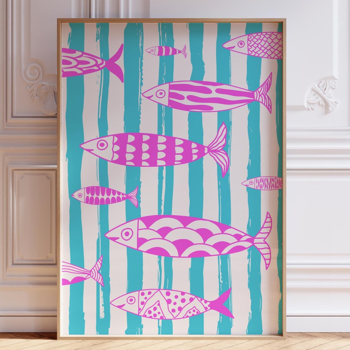 Pink Sardines on Teal Stripes Playful Retro Seafood Kitchen Poster