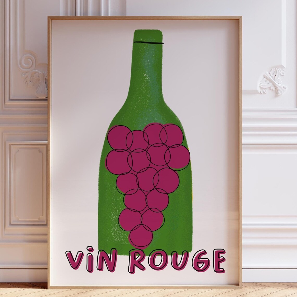 Vin Rouge French Red Wine Bottle Pink Grapes Playful Kitchen Poster