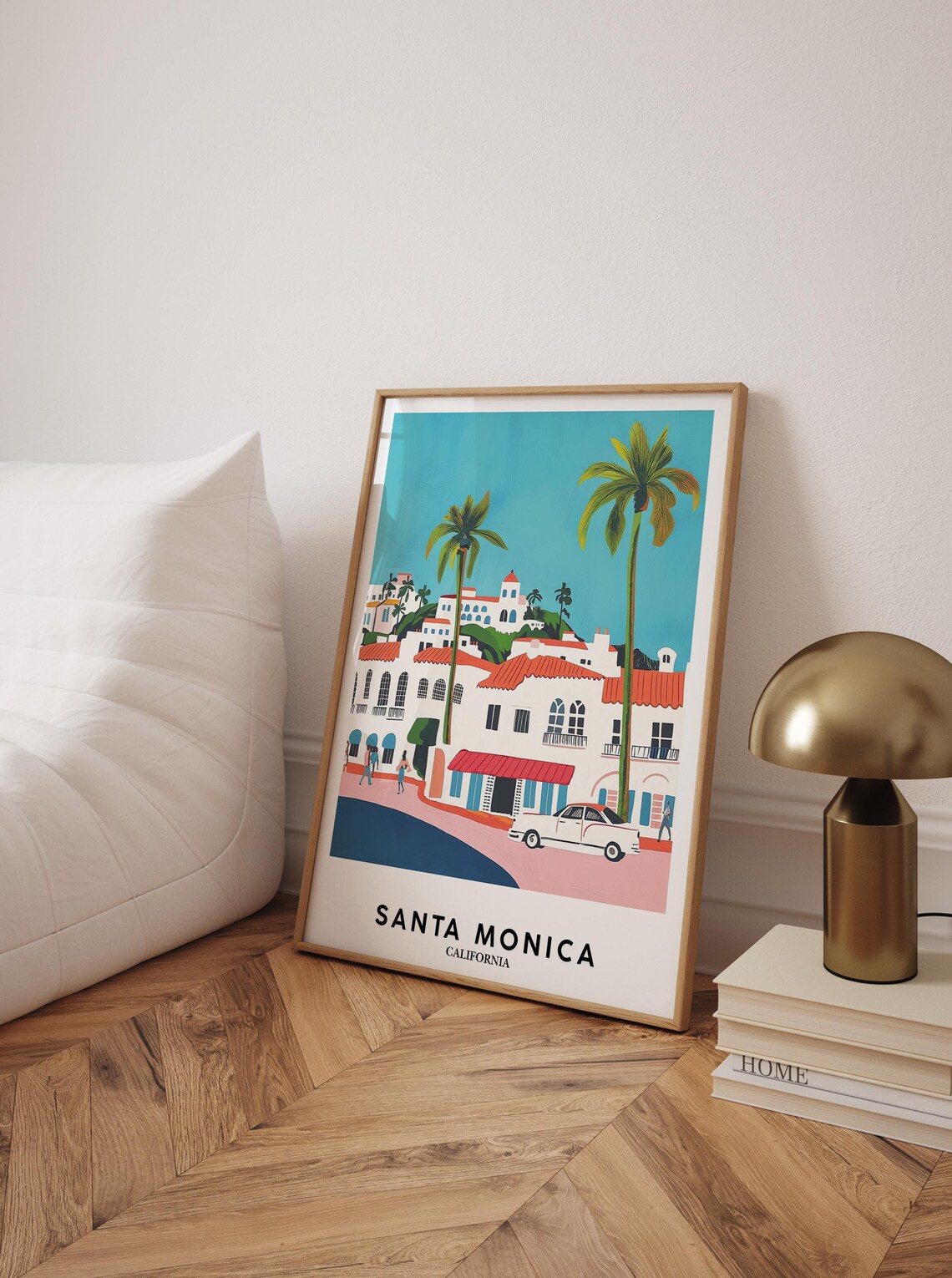 Santa Monica California Red Roofs Palms Vintage Travel Poster